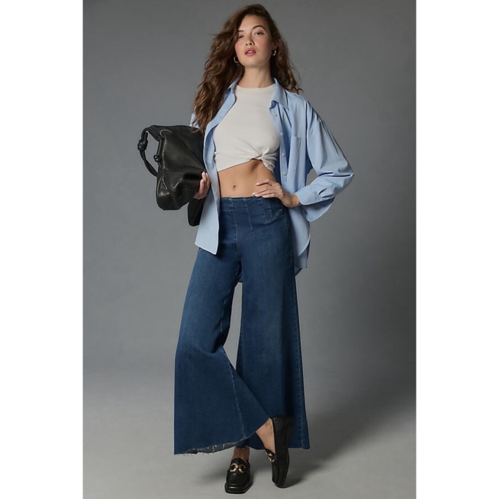 Anthropologie Pilcro Dark Wash High Rise Trapeze Wide Leg Jeans 26 Raw Hem Denim